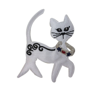 ID 2883 Fancy White Cat Patch Kitty Kitten Pet Embroidered Iron On Applique