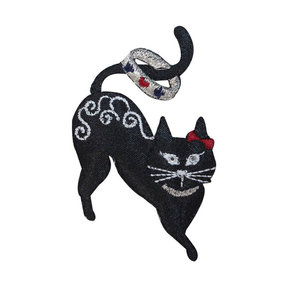 ID 2893 Fancy Black Cat Patch Kitty Kitten Emblem Embroidered Iron On Applique