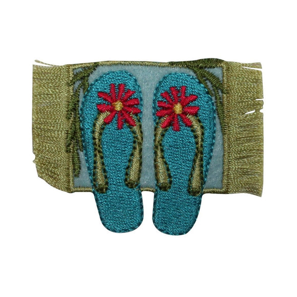 ID 7390 Blue Flower Sandal On Rug Patch Flip Flop Embroidered Iron On Applique