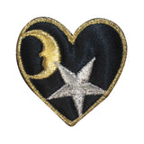 ID 3247 Night Sky Heart Patch Moon Star Love Black Embroidered Iron On Applique