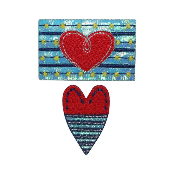 ID 3255AB Set of 2 Shiny Heart Patch Valentines Day Embroidered Iron On Applique