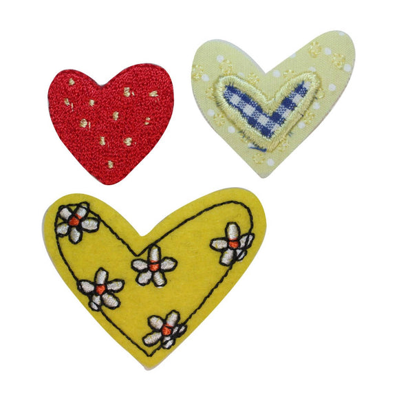 ID 3275ABC Set of 3 Assorted Heart Patches Valentine Embroidered IronOn Applique