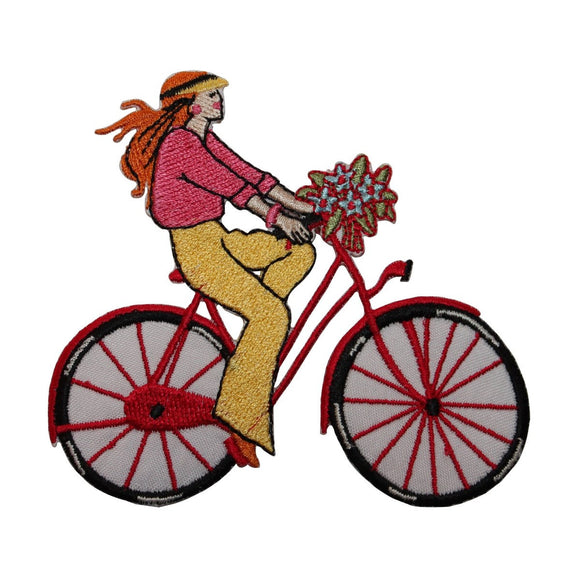 ID 7498 Hippie Woman Riding Bicycle Patch Classic Embroidered Iron On Applique
