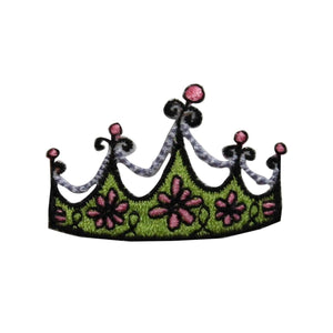 ID 7587 Green Floral Crown Patch Princess Tiara Embroidered Iron On Applique