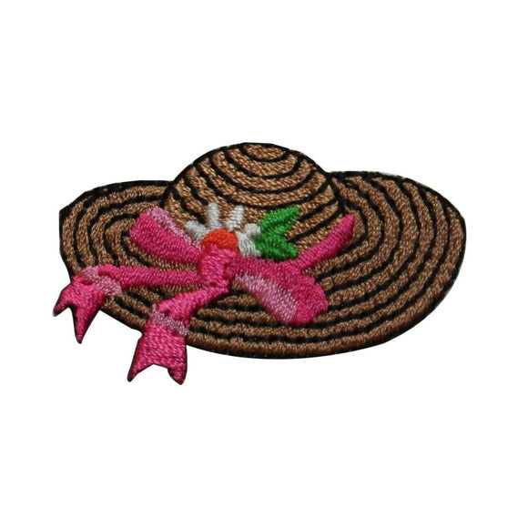 ID 7589 Wicker Sun Hat With Bow Patch Summer Beach Embroidered Iron On Applique