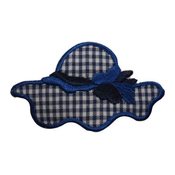 ID 7610 Blue Checkered Sun Hat Patch Summer Ribbon Embroidered Iron On Applique