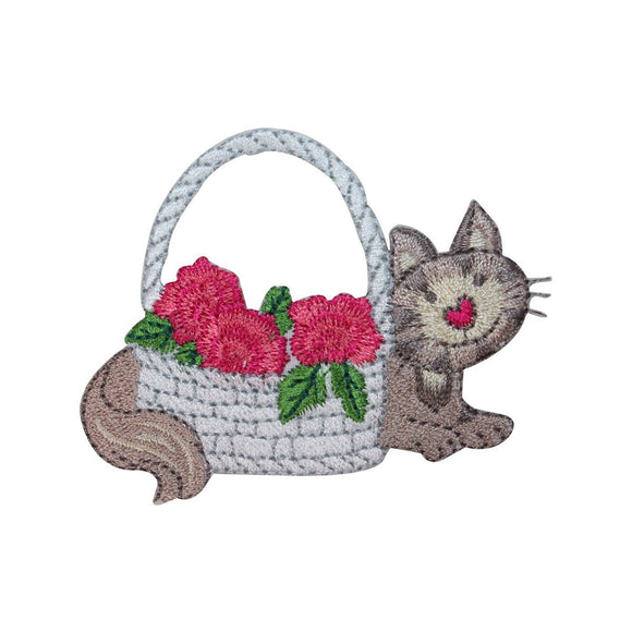 ID 2907 Cat With Flower Basket Patch Kitten Heart Embroidered Iron On Applique