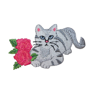ID 2908 Cat With Flowers Patch Kitten Kitty Pet Embroidered Iron On Applique