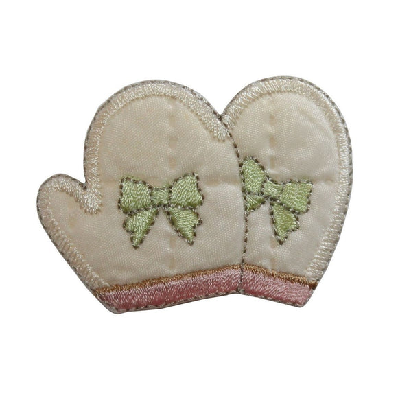 ID 7895 White Mittens With Ribbon Patch Winter Glove Embroidered IronOn Applique
