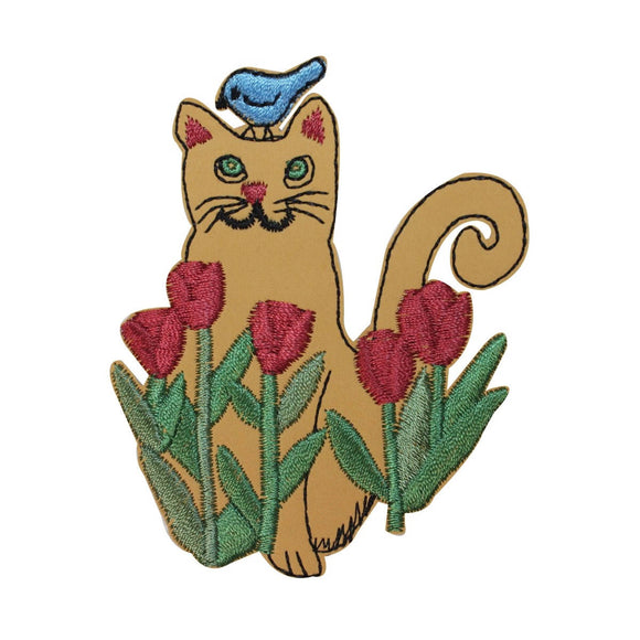ID 2940 Cat In Garden Patch Flower Bird Pet Kitten Embroidered Iron On Applique