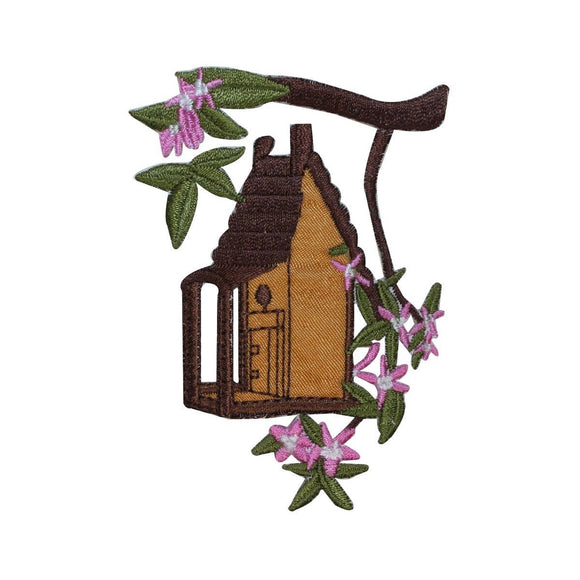 ID 3104 Bird House On Branch Patch Wood Cabin Tree Embroidered Iron On Applique
