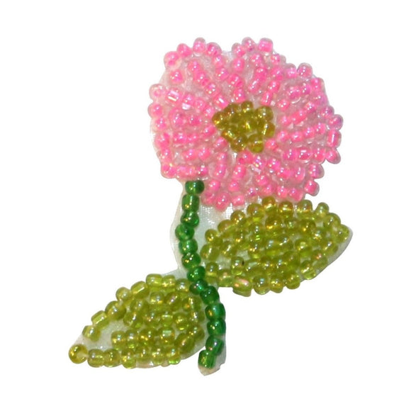 ID 8914 Pink Daisy Flower Patch Garden Plant Blossom Beaded Iron On Applique