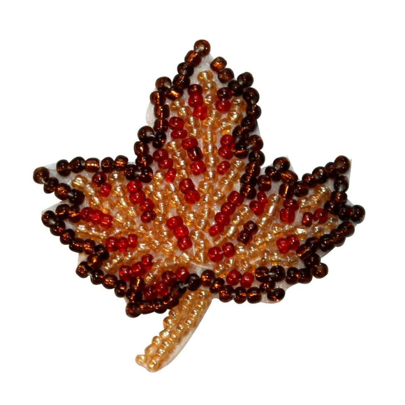 ID 8934 Fall Maple Tree Leaf Patch Tri Color Dried Plant Beaded Iron On Applique