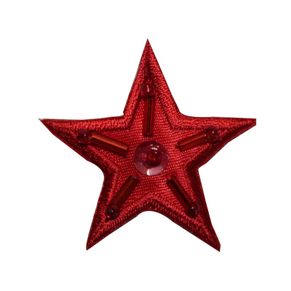 ID 3526 Beaded Red Star Patch Craft Emblem Design Embroidered Iron On Applique