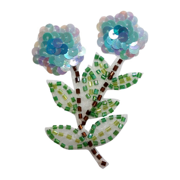 ID 8887 Sequin Blue Daisies Patch Flower Garden Plant Beaded Iron On Applique
