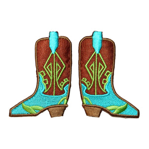 ID 9072AB Set of 2 Fancy Cowboy Boot Patch Western Embroidered Iron On Applique