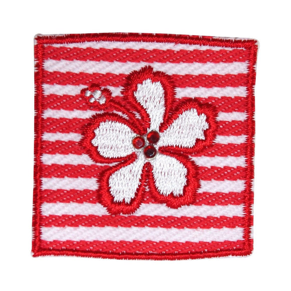ID 9089 Red Striped Hibiscus Badge Patch Flower Sign Embroidered IronOn Applique