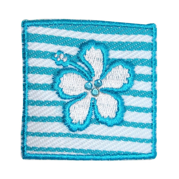 ID 9096 Blue Striped Hibiscus Badge Patch Flower Embroidered Iron On Applique