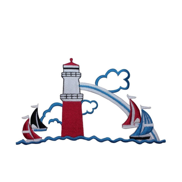 ID 5016 Lighthouse With Sail Boats Large Patch Ocean Embroidered IronOn Applique