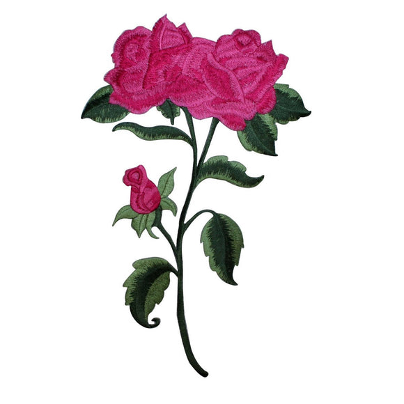 ID 5139 Pink Rose Flower Large Patch Plant Stem Embroidered Iron On Applique