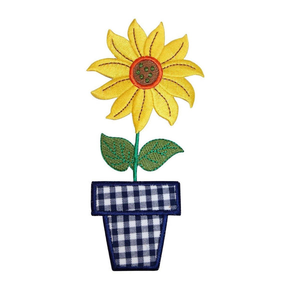 ID 6015 Sunflower In Plaid Pot Patch Bloom Flower Embroidered Iron On Applique