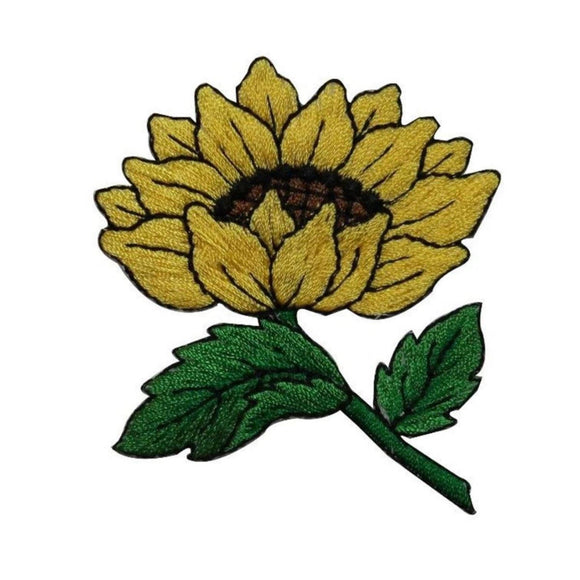 ID 6030 Sunflower On Stalk Patch Flower Leaf Bloom Embroidered Iron On Applique
