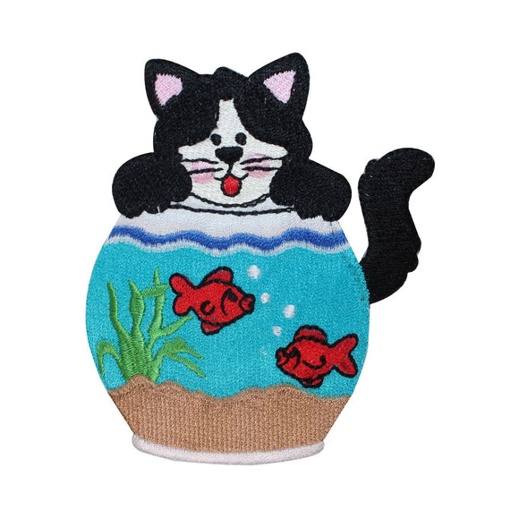 ID 5057 Cat Playing Fish Bowl Patch Kitten Aquarium Embroidered Iron On Applique