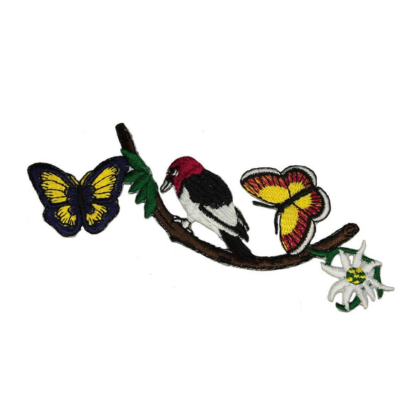 ID 5061 Bird On Tree Branch Patch Butterfly Nature Embroidered Iron On Applique