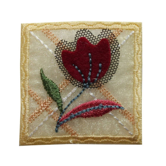 ID 6131 Red Flower Badge Patch Square Garden Plant Embroidered Iron On Applique