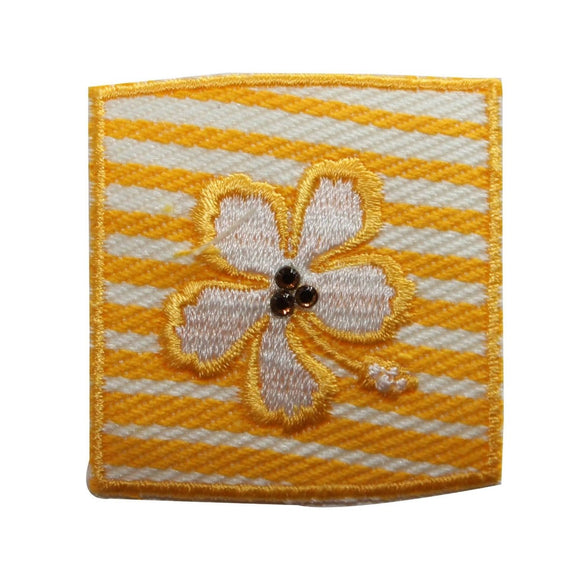 ID 6134 Stripped Flower Badge Patch Square Hibiscus Embroidered Iron On Applique