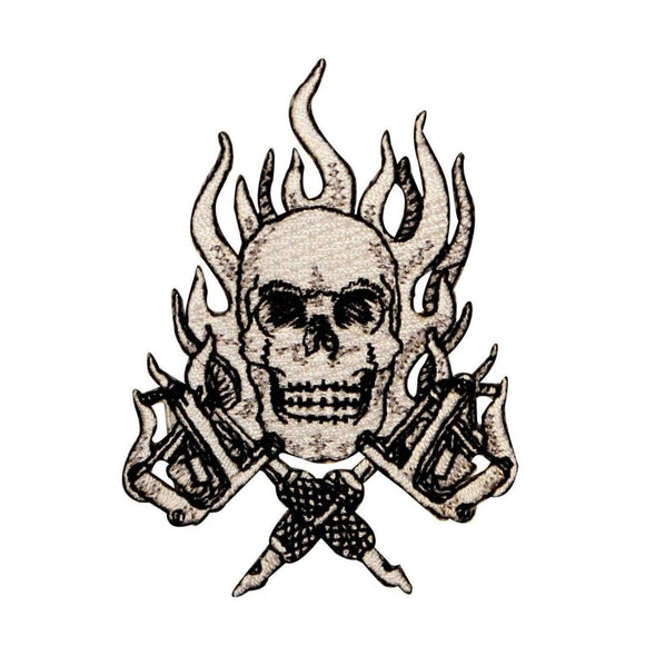 Flaming Skull Tattoo Guns Patch Biker Ink Skeleton Embroidered Iron On Applique