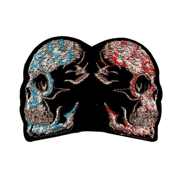 Skull Red Blue Twin Patch Biker Bone Face Ice Fire Embroidered Iron On Applique