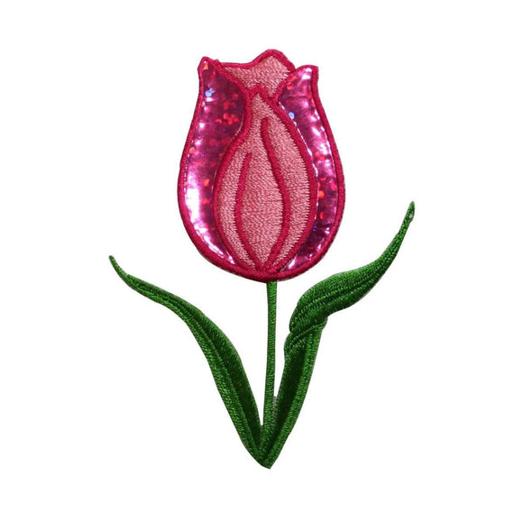 ID 6174 Shiny Pink Tulip Patch Flower Glitter Love Embroidered Iron On Applique