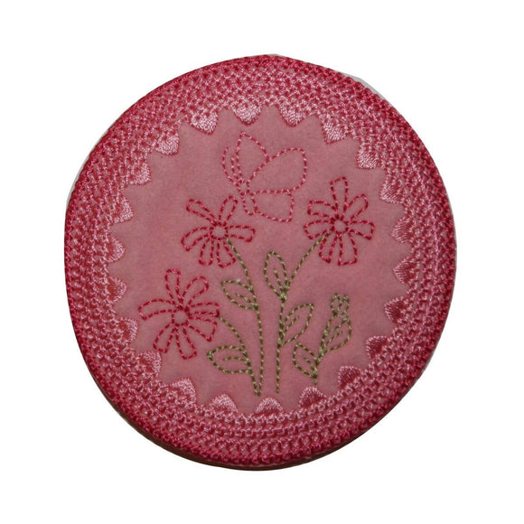 ID 6349 Pink Framed Flower Badge Patch Garden Circle Embroidered IronOn Applique