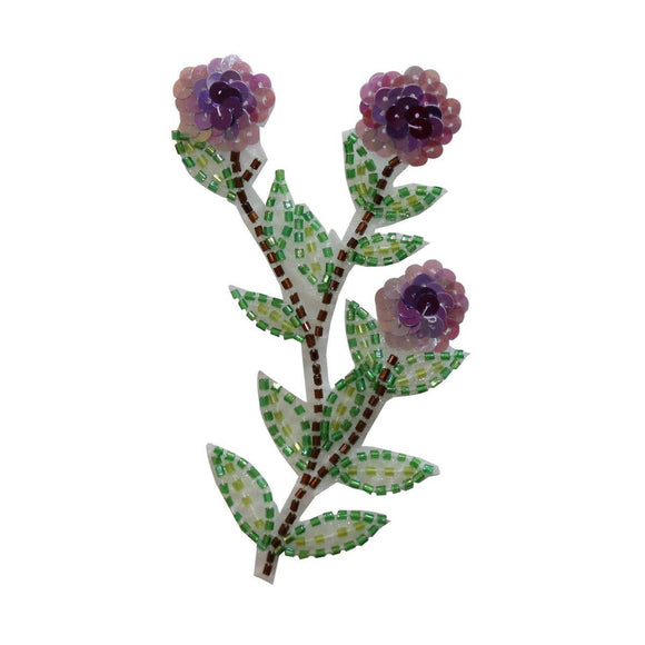 ID 6472 Purple Beaded Flower Patch Sequin Stem Leaves Garden Iron On Applique