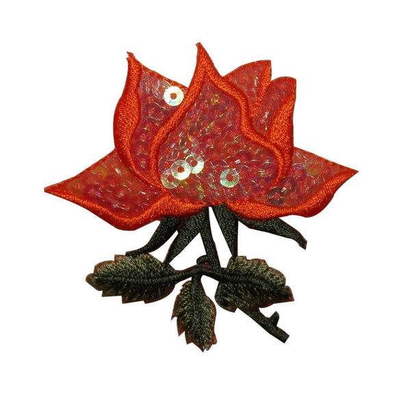 ID 6353 Orange Sequin Tulip Patch Garden Flower Embroidered Iron On Applique