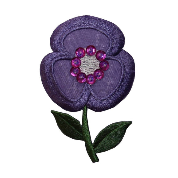 ID 6513 Sequin Purple Flower Patch Pansy Plant Embroidered Iron On Applique