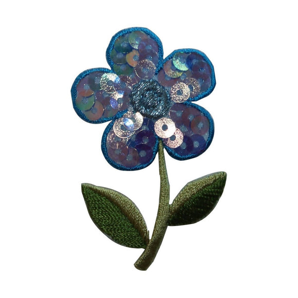 ID 6539 Blue Sequin Daisy Patch Garden Plant Flower Embroidered Iron On Applique