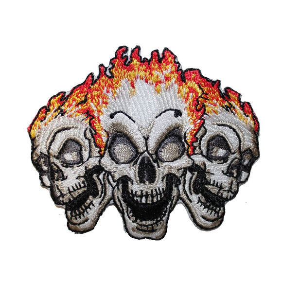 Three Skulls On Fire Biker Patch Trio Death Tattoo Embroidered Iron On Applique