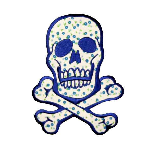 Skull Crossbones Patch Biker Black Blue Flower 6
