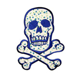 Skull Crossbones Patch Biker Black Blue Flower 6" Embroidered Iron On Applique
