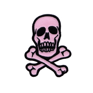 Skull Crossbones Patch 2 3/4" Black On Pink Biker Embroidered Iron On Applique