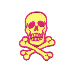Skull Crossbones Patch 2 3/4" Pink On Yellow Biker Embroidered Iron On Applique