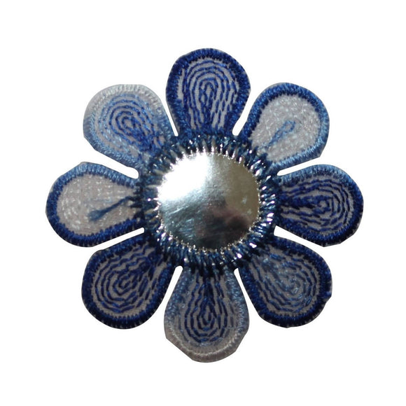 ID 6548 Blue shiny Flower Patch Metallic Blossom Embroidered Iron On Applique