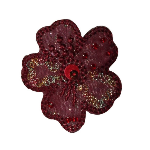 ID 6714 Beaded Red Flower Blossom Patch Garden Head Embroidered Iron On Applique