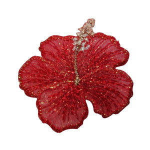 ID 6719 Shiny Red Hibiscus Flower Patch Tropical Embroidered Iron On Applique