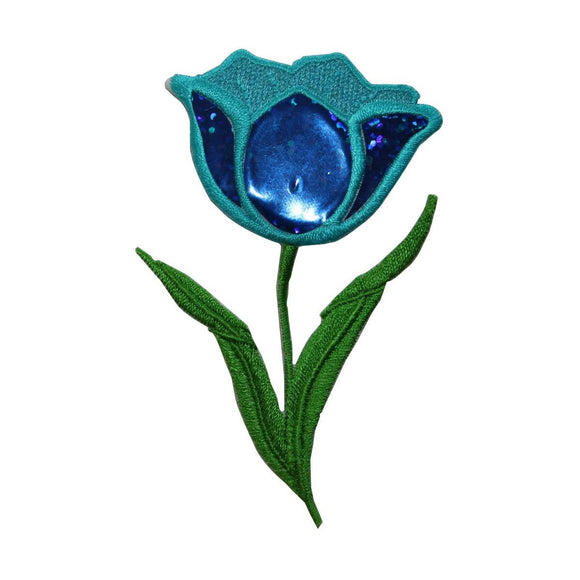 ID 6584 Shiny Blue Tulip Patch Flower Garden Plant Embroidered Iron On Applique