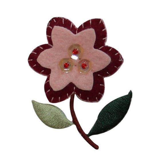 ID 6732 Red Felt Sequin Flower Patch Garden Blossom Embroidered Iron On Applique