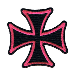 Maltese Cross Biker Patch Pink On Black 3" Symbol Embroidered Iron On Applique