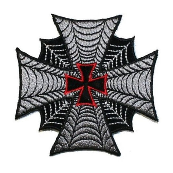 Spider Web Maltese Cross Patch Biker Symbol Badge Embroidered Iron On Applique
